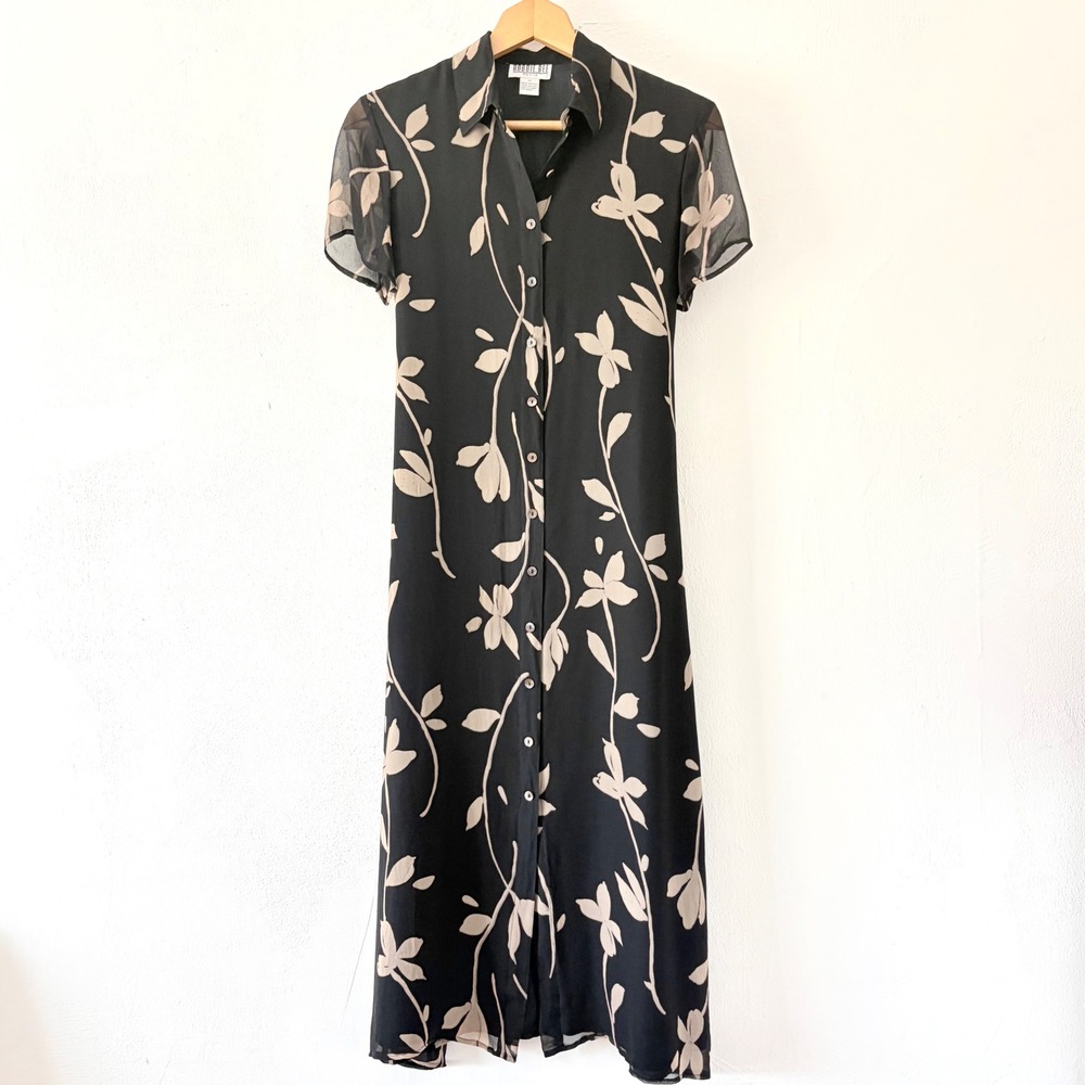 Robbie Bee Dress Womens 4P Black Tan Floral Silk Button Front Midi Shirt Dress